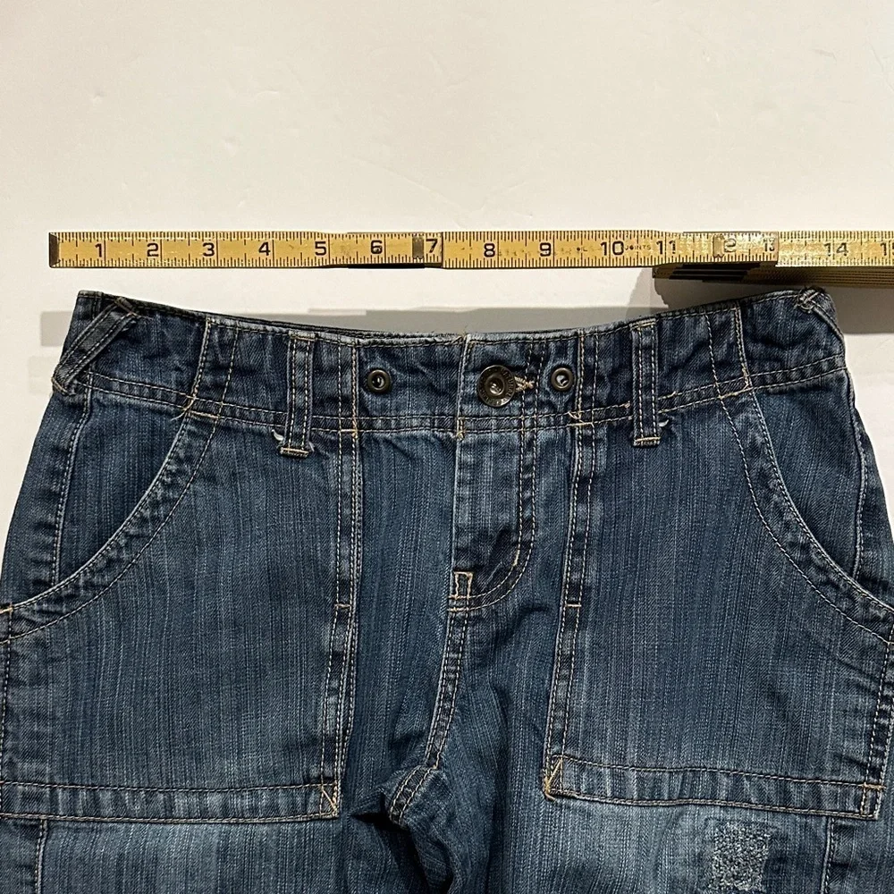 Natural Reflections distressed Blue Denim cargo Bermuda long Jean Shorts size 2